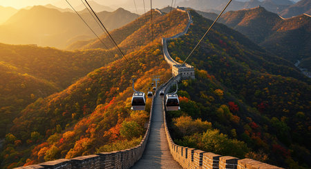 Cable car in the mountains at sunset in autumn, China.の素材