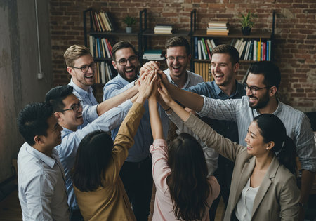 Group of business people joining hands together in office. Teamwork concept.の素材