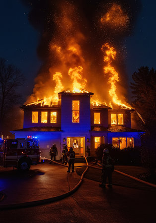 Firefighters extinguish a large fire on a building at night.の素材
