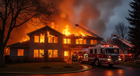 Firefighters extinguish a fire at a residential building in the evening.の素材