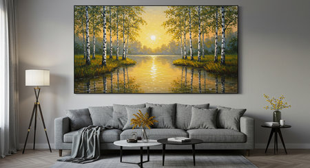 interior with grey sofa. 3d illustration with mock up poster frameの素材