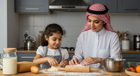Arabic woman and her daughter making dough together in the kitchen at homeの素材