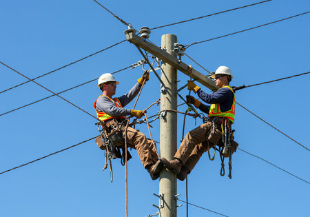 Electricians working on a high voltage power line in an electrical substationの素材