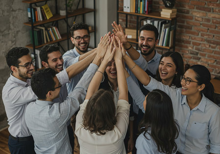 Group of business people joining hands and smiling while celebrating success at officeの素材