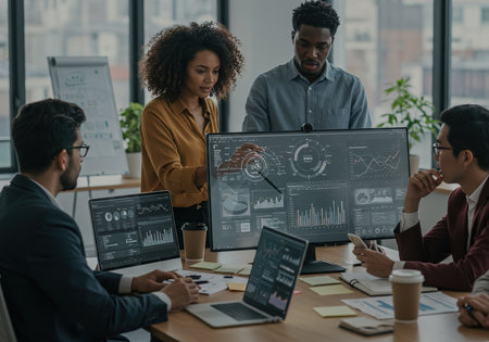 multiethnic businesspeople using computer with infographics on screen in officeの素材