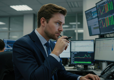 Portrait of a young businessman analyzing stock market data on computer monitors in officeの素材