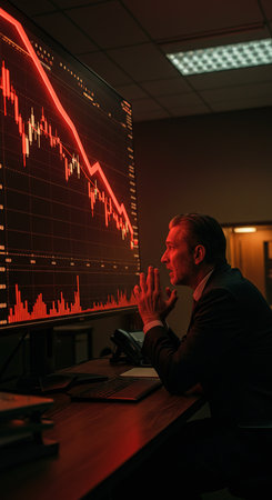 Businessman in suit sitting at desk and looking at monitor with stock market chartの素材