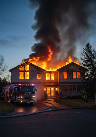 Fire in a house. Firefighters fighting a fire in a house.の素材