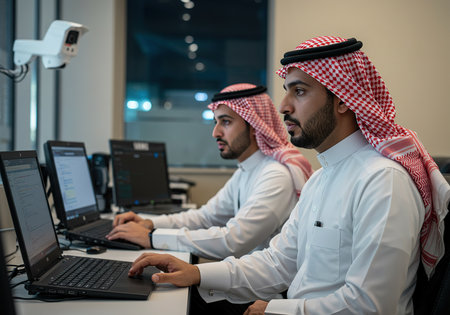 Two arabic businessmen working together in a modern office at nightの素材