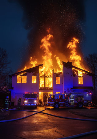 Firefighters fighting a fire in a house at night. Firefighters fighting a fire.の素材