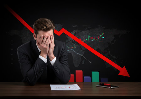 Stressed businessman sitting at desk with red graph and world map in the backgroundの素材