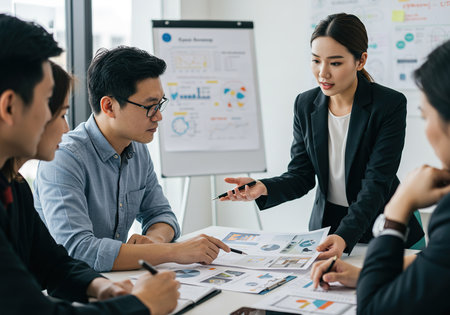 Group of business people discussing the charts and graphs showing the results of their successful teamworkの素材