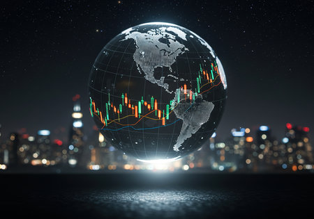 Globe with stock market chart on blurry city background. Global business concept. 3D Renderingの素材