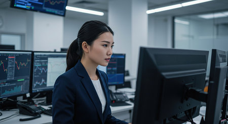 Side view of Asian businesswoman looking at computer screen in the officeの素材