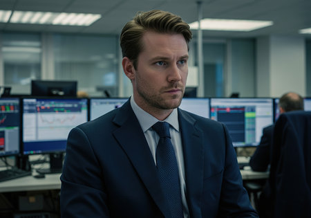 Serious businessman looking at camera while sitting in front of computer monitors in officeの素材