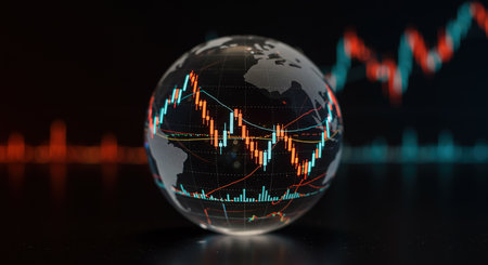 Glass globe with stock market graph on dark background. 3D renderingの素材