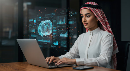 Arab businesswoman working with laptop in modern office. Virtual screen with brain hologram.の素材