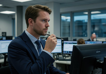 Serious businessman looking away while using computer at desk in modern officeの素材