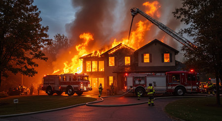 Firefighters fighting a fire in a residential building at night. Firefighters fighting a fire.の素材