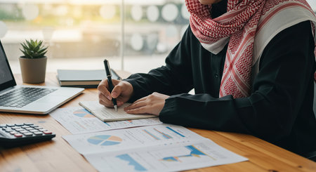 Muslim business woman working in office. Business and finance concept. Close up.の素材