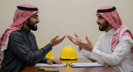 Two arabic businessmen working together at office. Business people concept.の素材