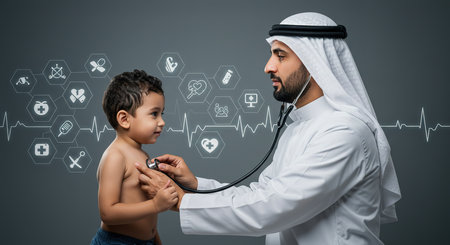 Arabic doctor examining a little boy with stethoscope over grey backgroundの素材