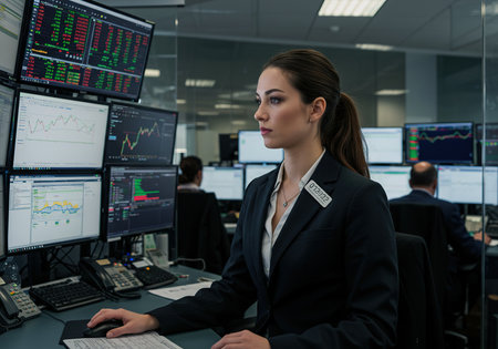 Portrait of young businesswoman working on computer monitors in modern officeの素材