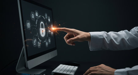 Cyber security and information protection concept. Businessman hand pointing on computer screen with padlock icons.の素材
