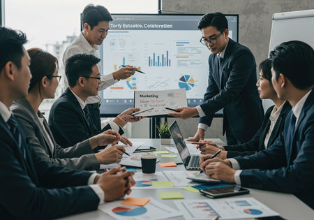 Group of business people discussing the charts and graphs showing the results of their successful teamworkの素材