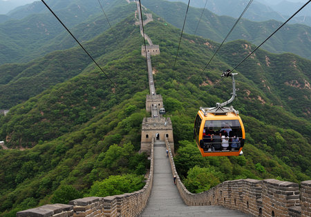 Majestic Great Wall of China and cable car, Beijing, Chinaの素材