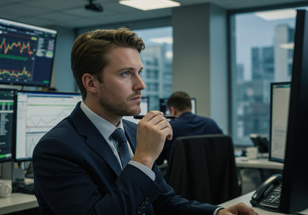 Side view of serious businessman looking away while sitting at workplace in officeの素材