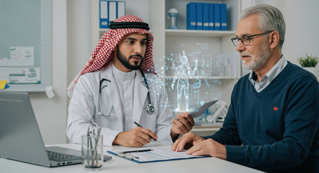 Arabic doctor showing x-ray image to male patient in office.の素材