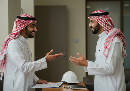 Arabic businessmen discussing business at meeting in office.Arabic business people working together in office.Arab businessman and businesswoman working together in office.の素材