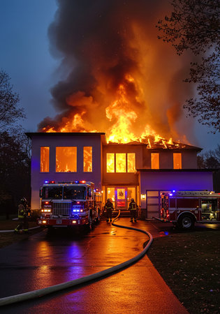 Burning building in the city at night. Firefighters extinguish a fire.の素材