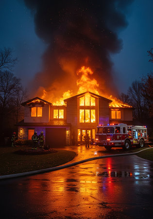 Firefighters fighting a fire in a house at night in Poland.の素材