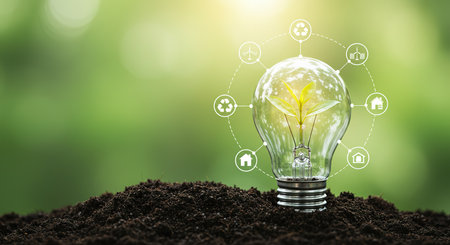 Green energy concept with light bulb and green plant in soil on blurred backgroundの素材