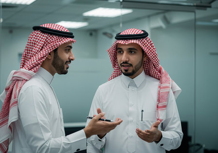 Arabic businessman talking with colleague in office. Arabic business man talking with colleague in office.の素材