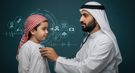 Arabic doctor with stethoscope and little boy in medical uniformの素材