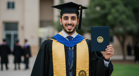 Portrait of a happy male graduate holding a diploma and looking at cameraの素材