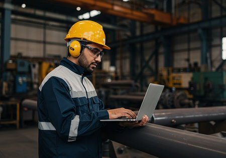 Serious factory worker using laptop while standing in factory. This is a freight transportation and distribution warehouse. Industrial and industrial workers conceptの素材