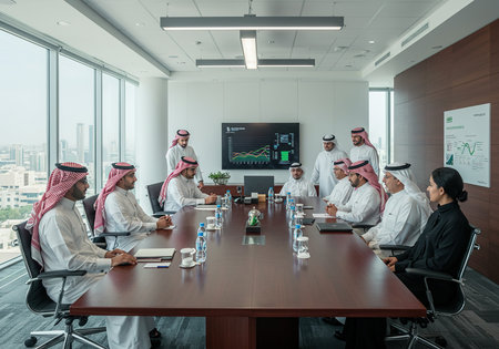 Group of arabic business people working together in a meeting roomの素材