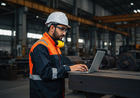 Portrait of confident male worker using laptop in factory. This is a freight transportation and distribution warehouse. Industrial and industrial workers conceptの素材