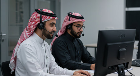 Arabic business people wearing headset working in office. Call center, telemarketing, customer support agent provide service on telephone video conference call.の素材