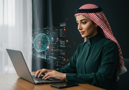 Serious arabian businesswoman typing on laptop in office with glowing globeの素材