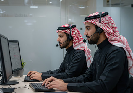 Arabic business people wearing headset working in call center office. Call center, telemarketing, customer support agent provide service on telephone video conference call.の素材