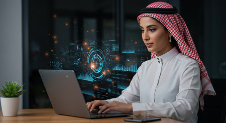 Young arabian businesswoman working with laptop in modern office at nightの素材