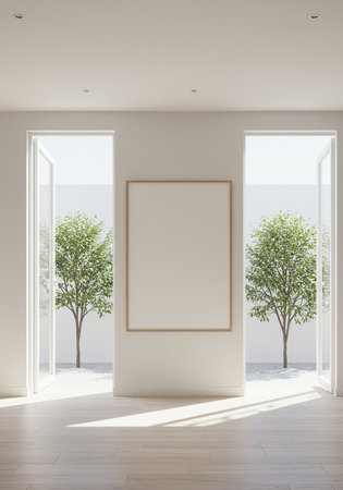 Contemporary interior with white walls, wooden floor, white ceiling and window with sunlight. Mock up, 3D Renderingの素材