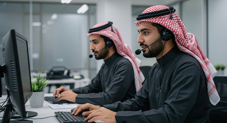 Arabic business people wearing headset working in office. Call center and telemarketing concept.の素材