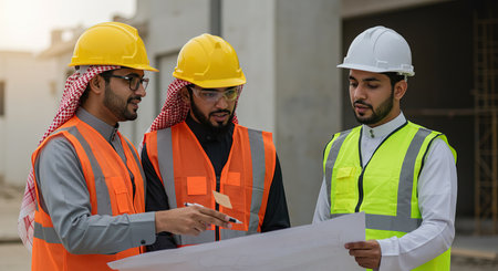 Group of engineers and architects discussing architectural project at construction site. Construction concept.の素材