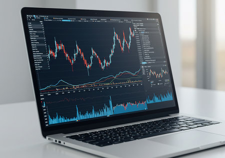Laptop with stock market data on screen. 3d rendering.の素材